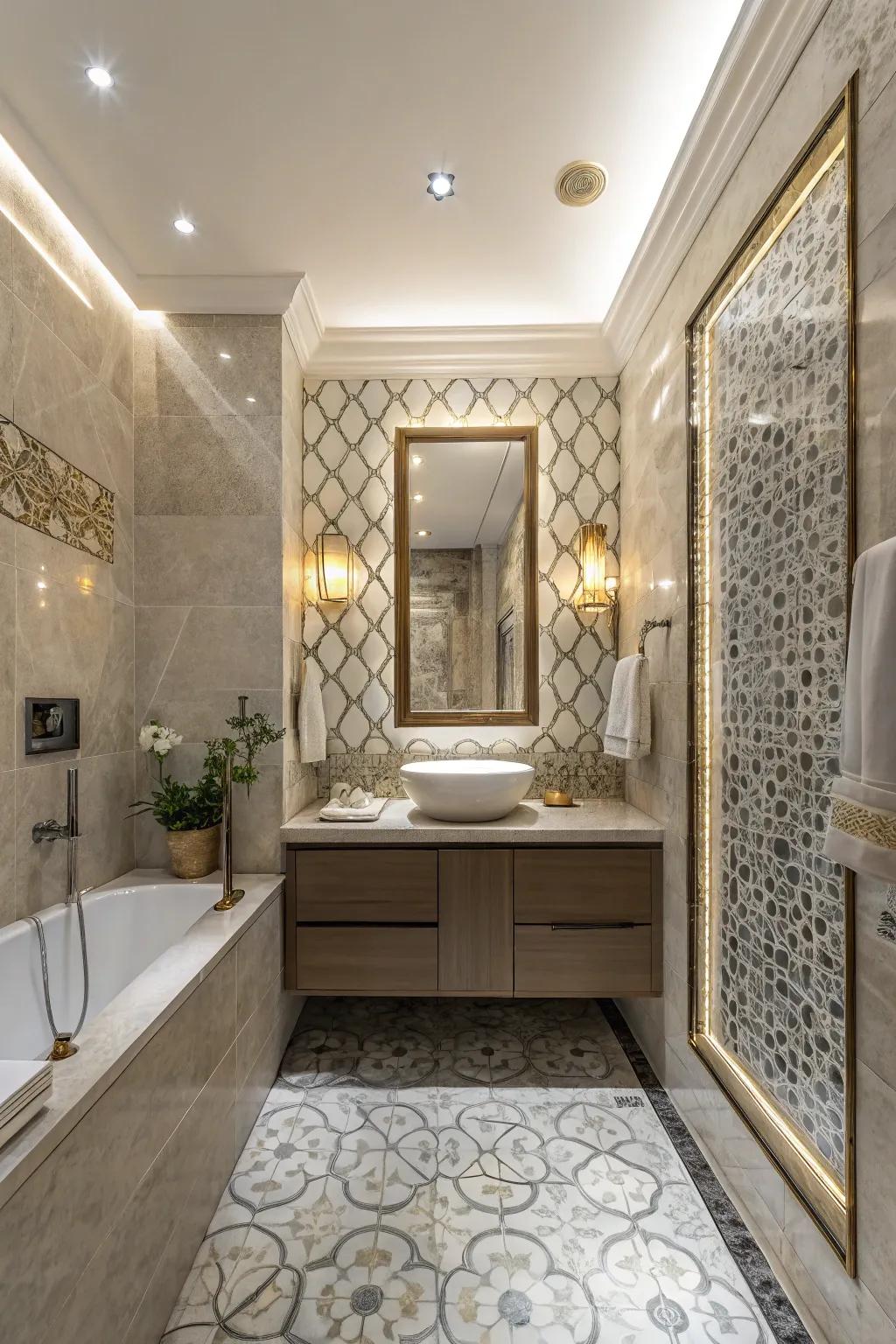 Elaborate tiles introduce an artistic touch to this bathroom.