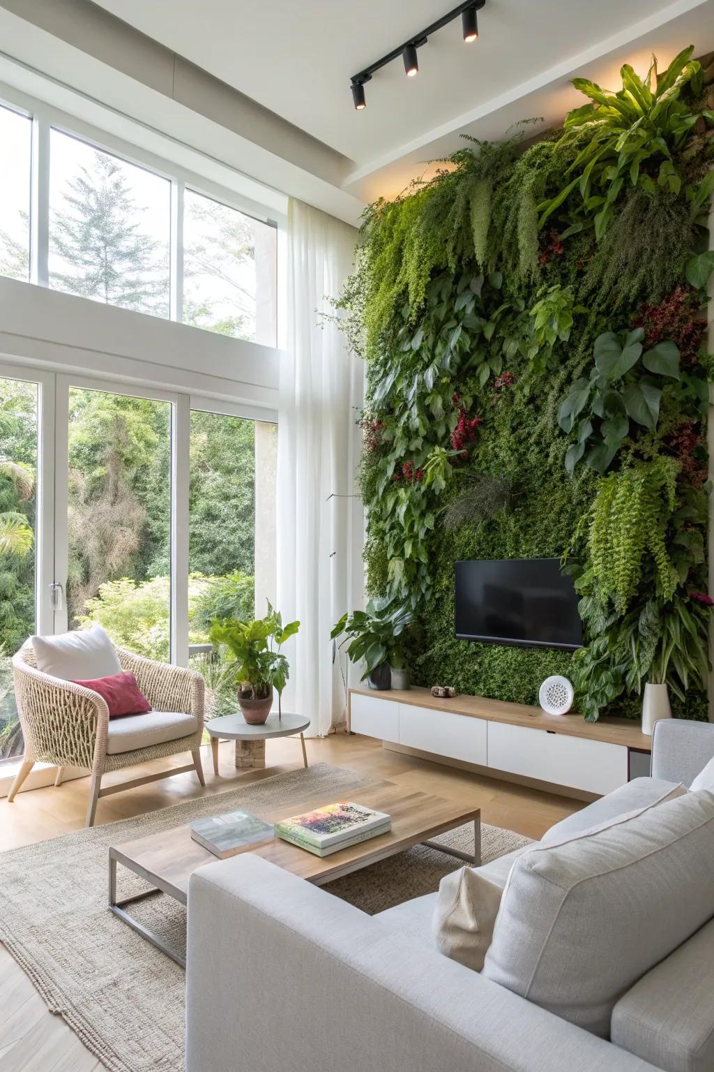 A living plant wall brings vibrancy and a natural touch to the modern family room.