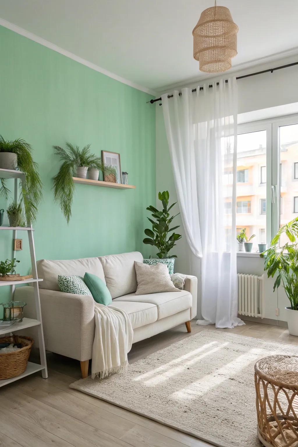 Soft green walls offer a rejuvenating and fresh feel to this open living area.