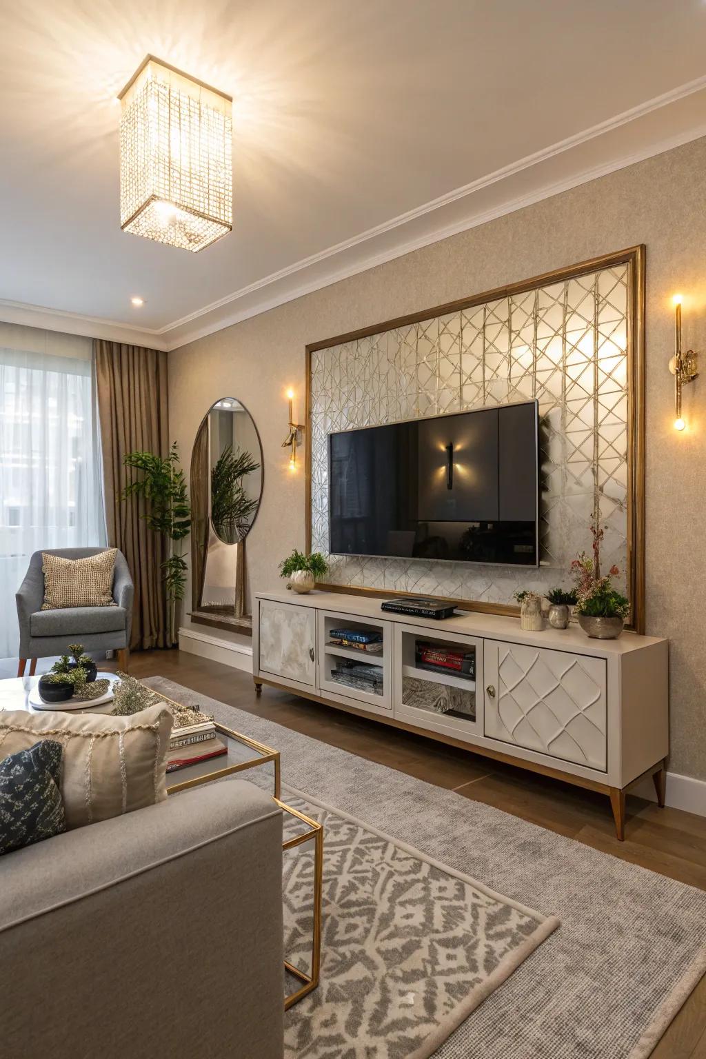 Mirror enchantment conceals the TV for a streamlined and elegant media surface.