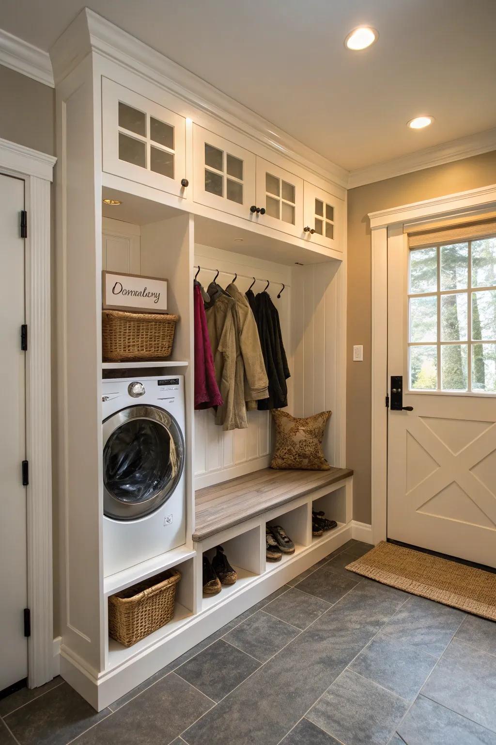 The functionality of a mudroom is maximized by a hidden laundry nook.
