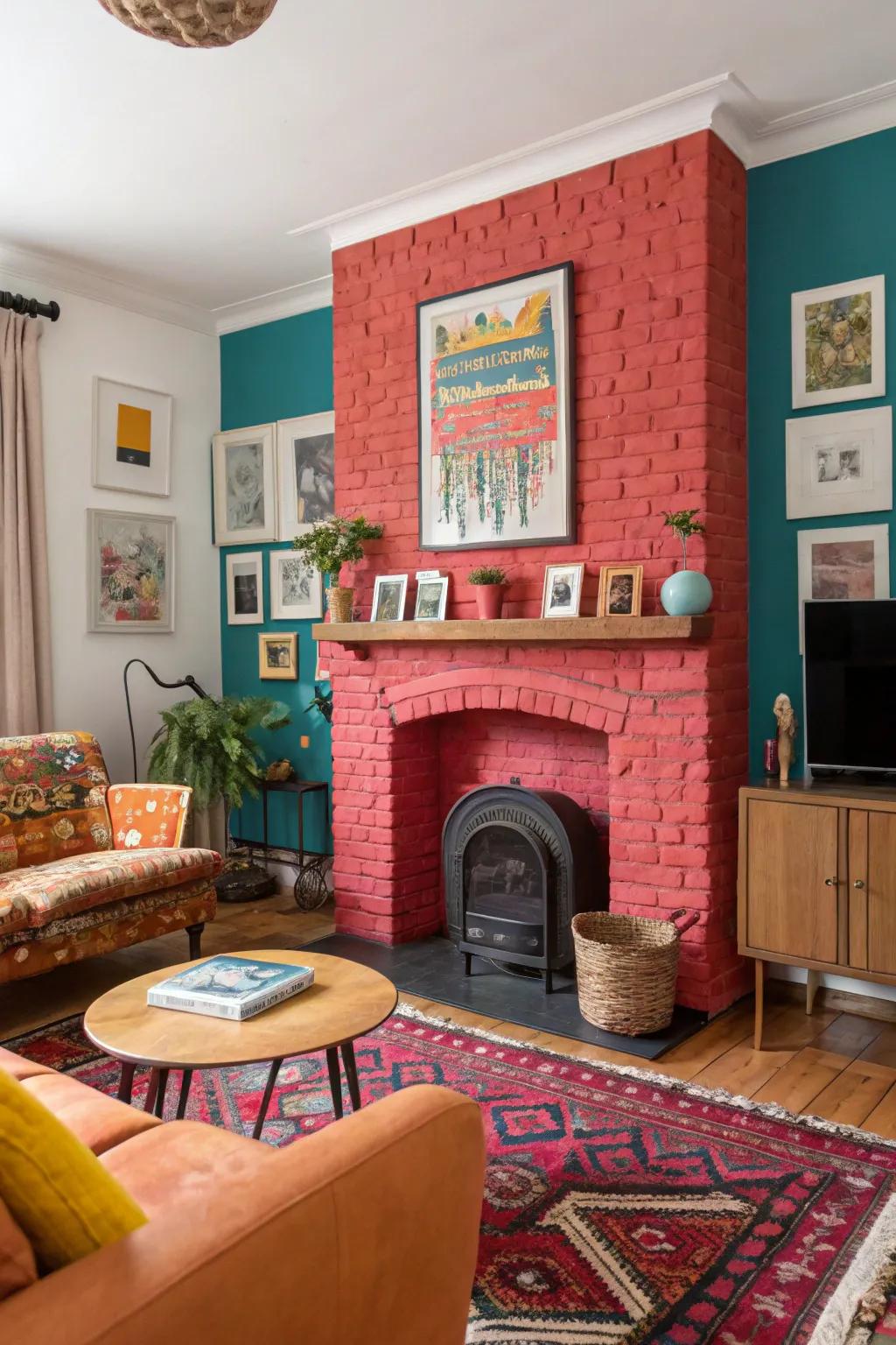 Bold colours on a painted brick fireplace energize the area.