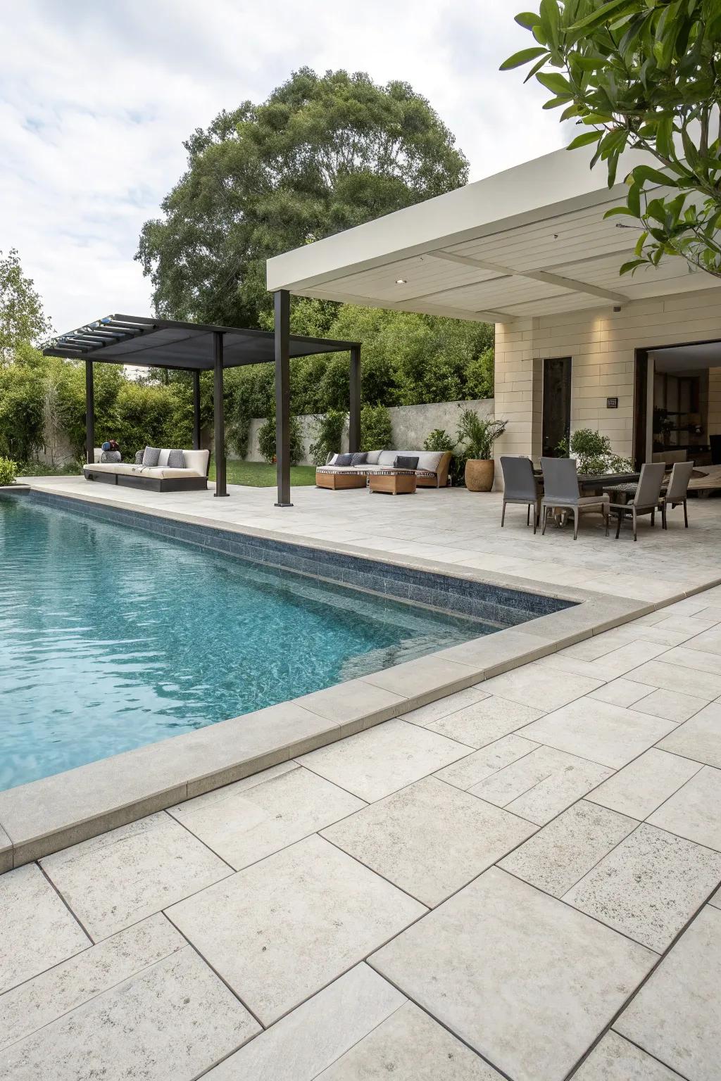 Expansive tiling deliver a fluid and graceful pool layout.