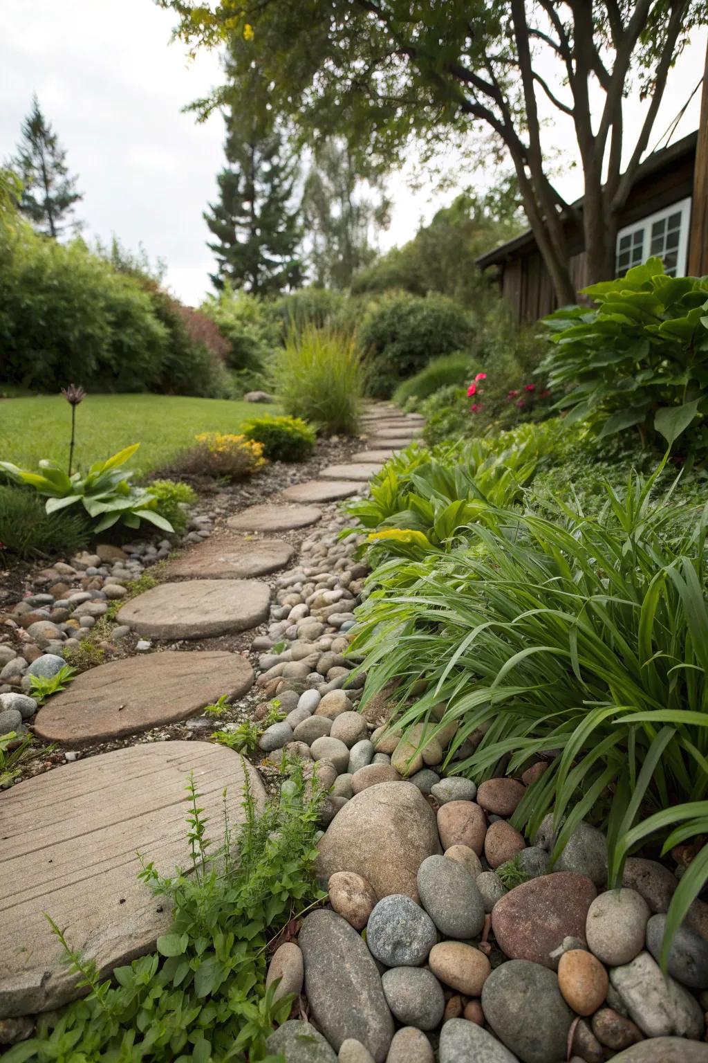 Stream stones bring natural charm and contrast to your garden.