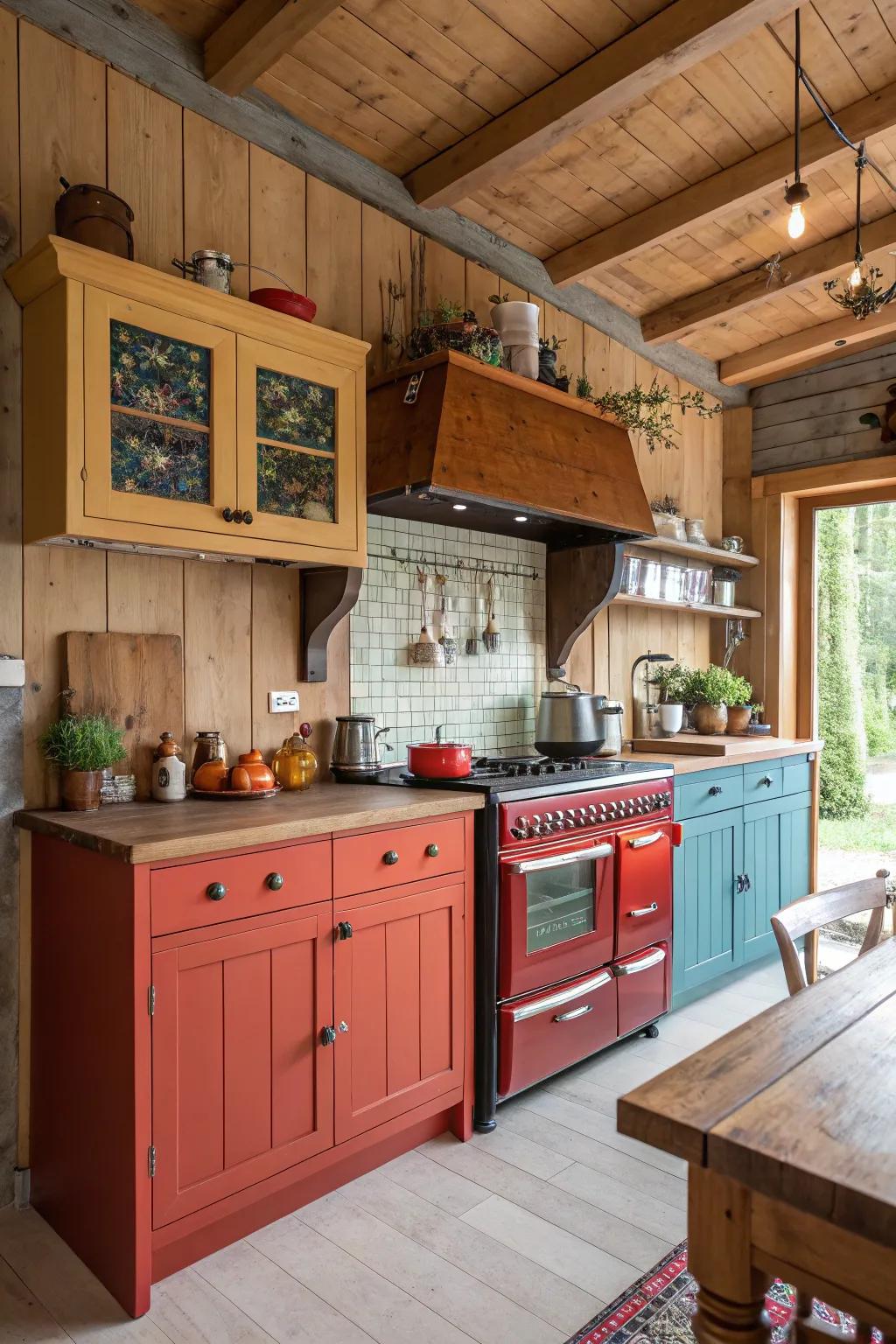 Bold cabinet colors establish an eye-catching contrast within this rustic kitchen setting.