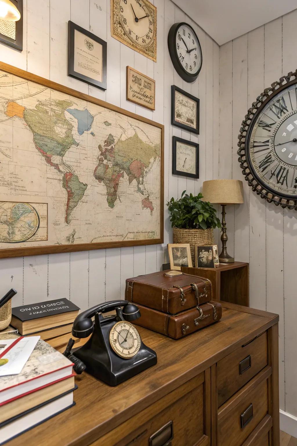 Vintage accessories enrich the nostalgic appeal of a rustic office.