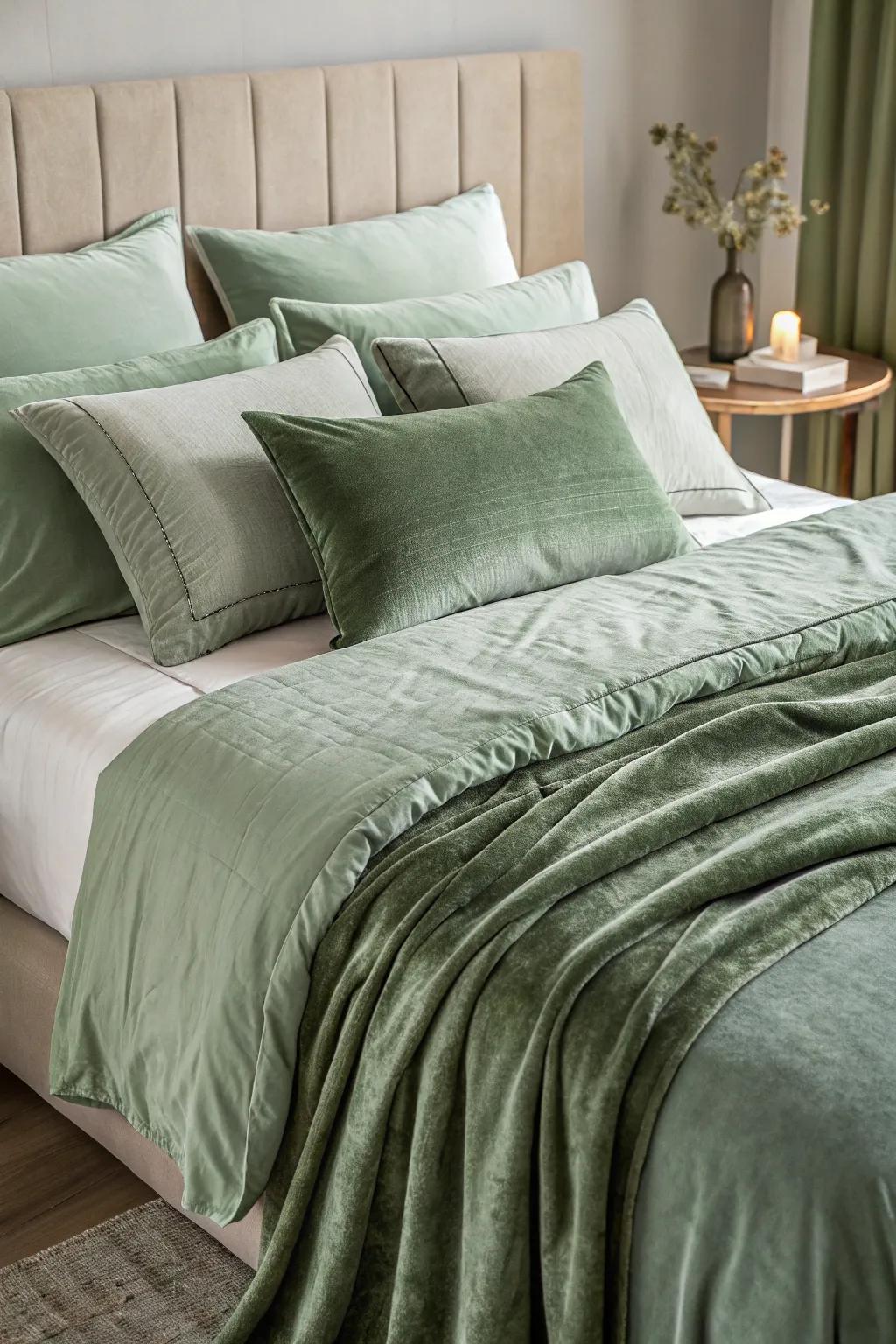 Layered sage green fabrics enhance the bedroom&rsquo;s cozy appeal.