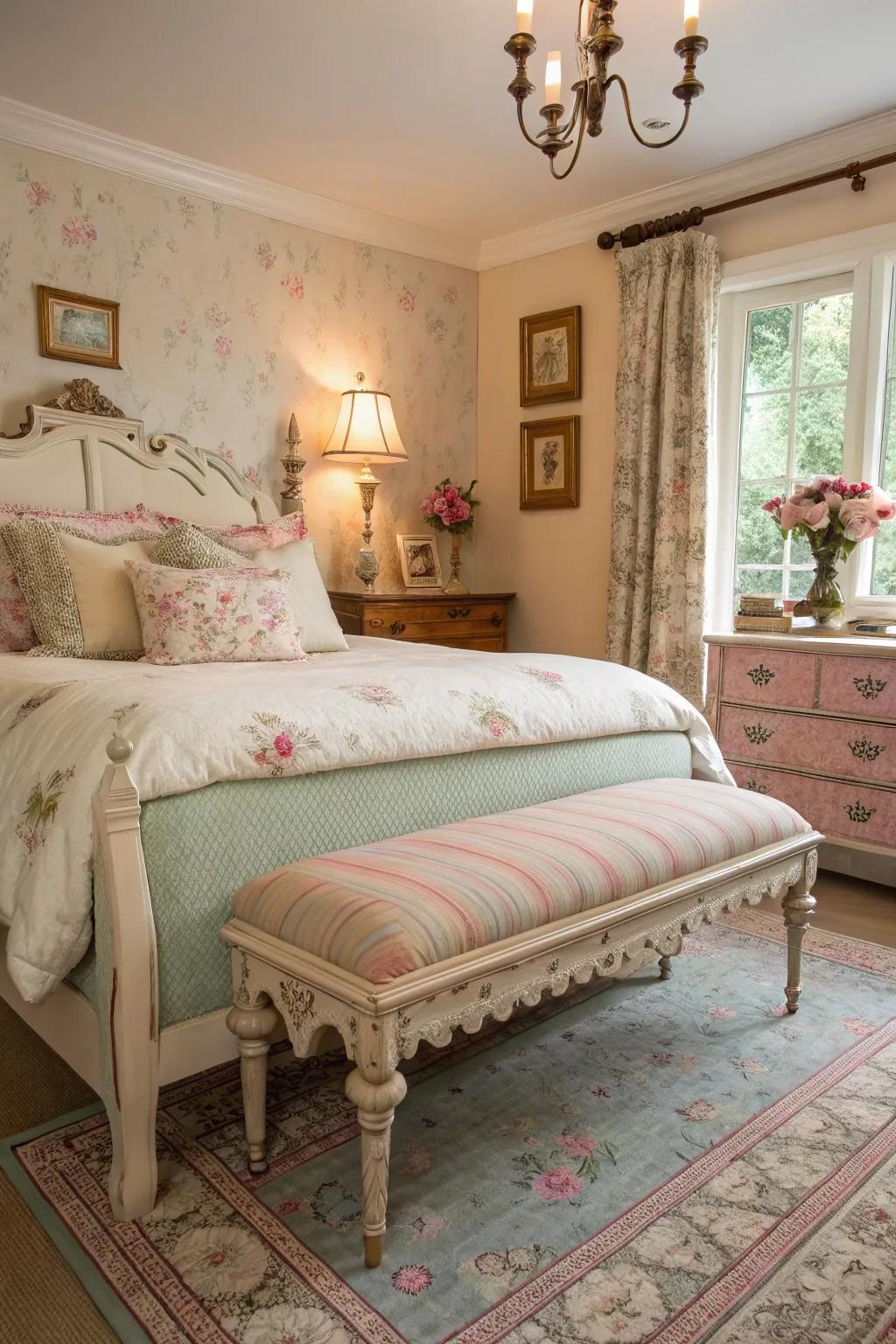 An old bench adds style and use to this modern-vintage bedroom.