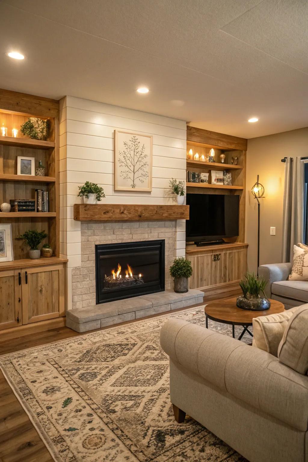 A cozy living room featuring a pure timber shiplap fireplace.