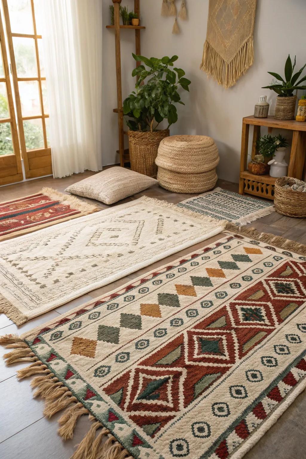 Layered ground coverings create coziness and add visual intrigue.
