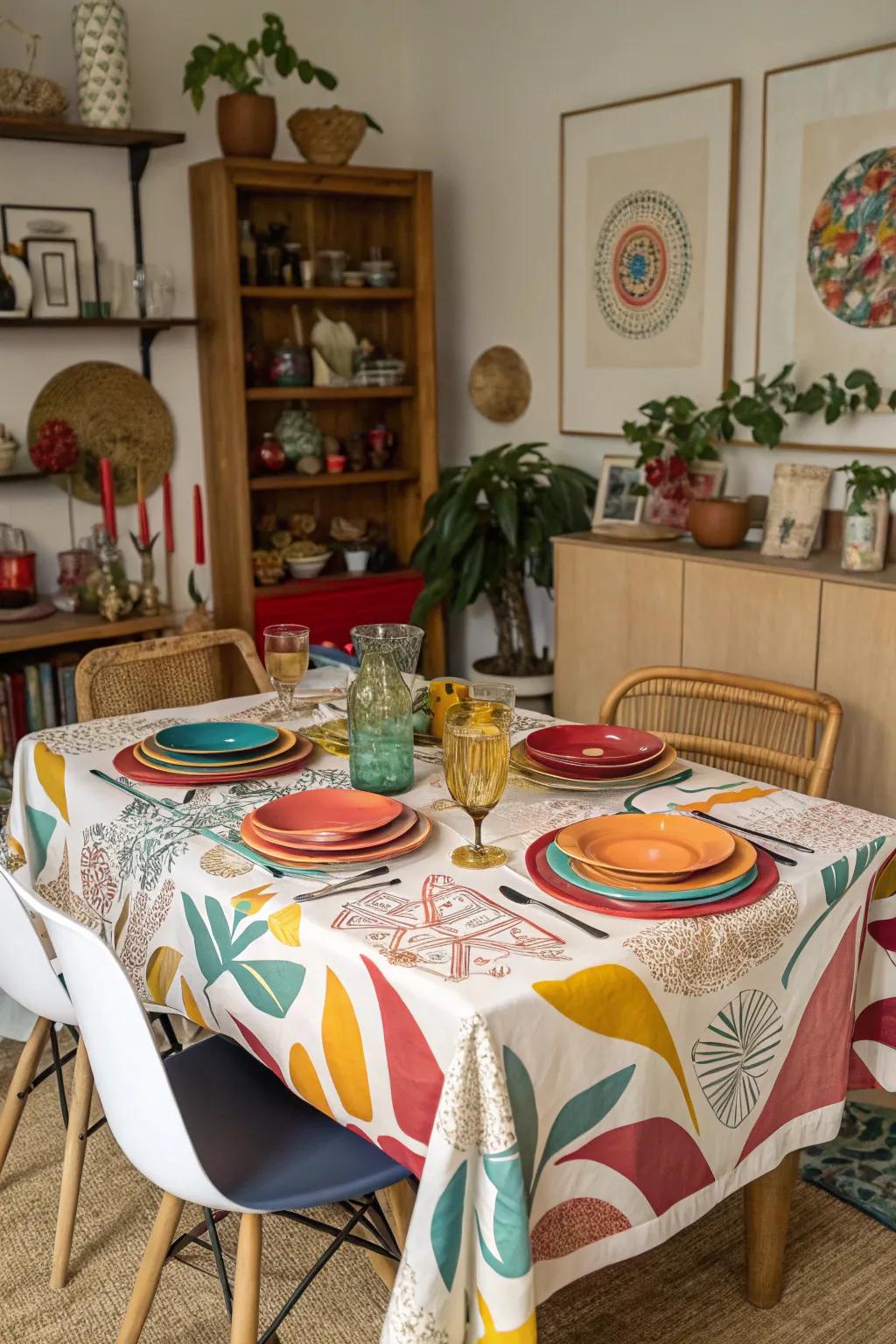 Abstract prints add creativity to modern eating areas.