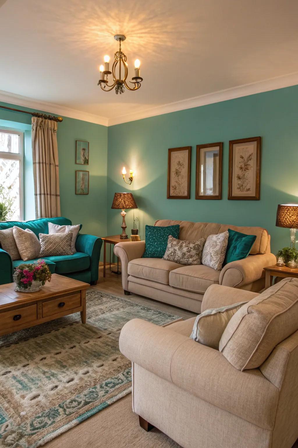 Teal and taupe cultivate a warm and inviting living space.
