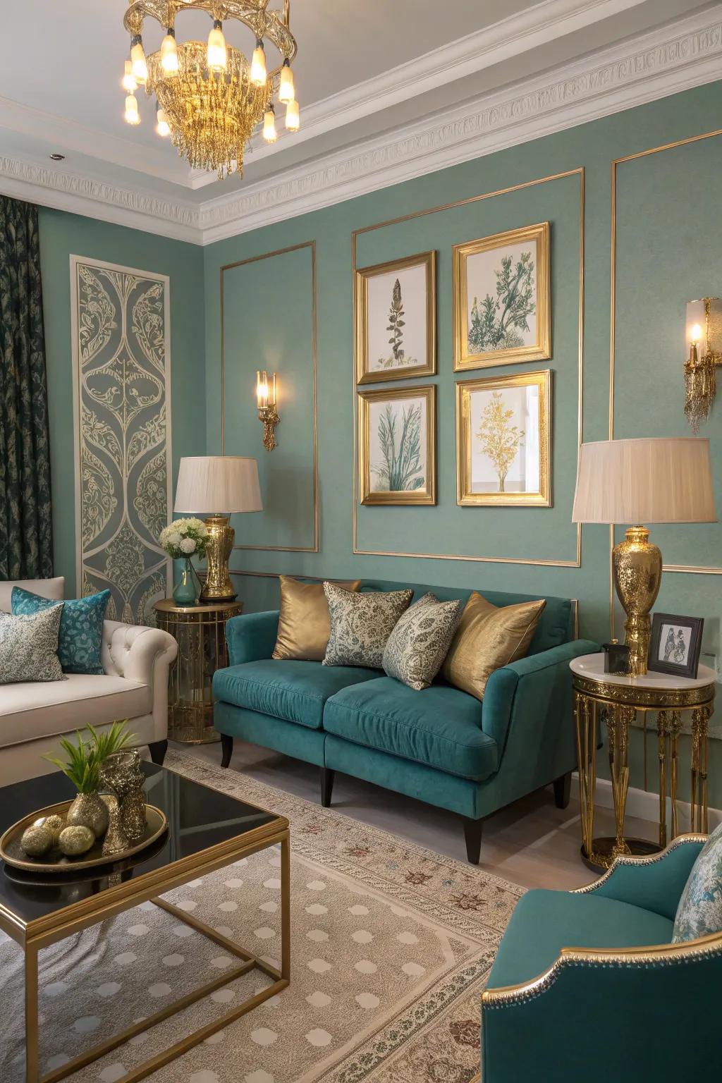 Shimmering accents intensify teal's lavishness in this sophisticated setting.