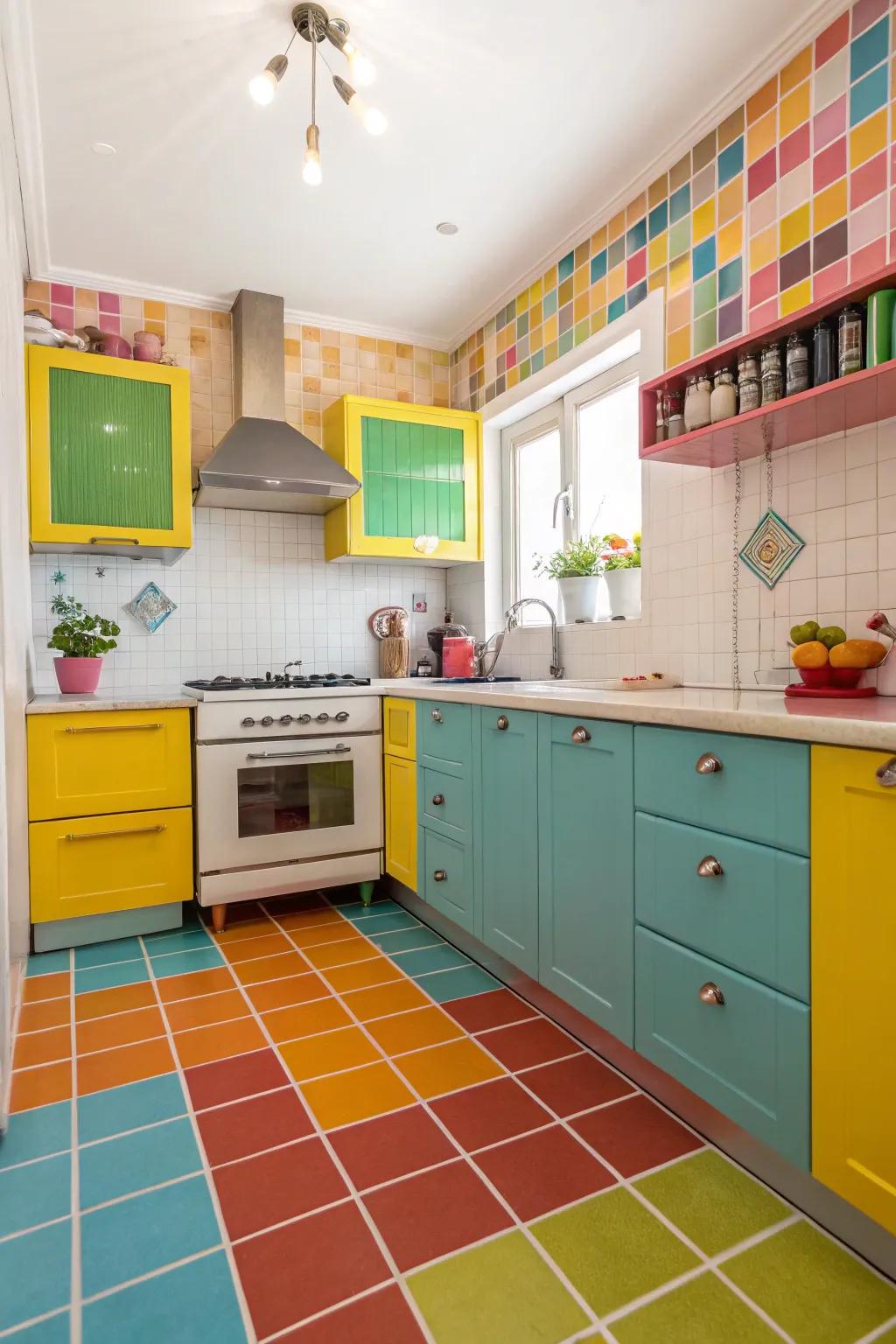 Chromatic mortar infuses a playful highlight to this kitchen's tile surfaces.