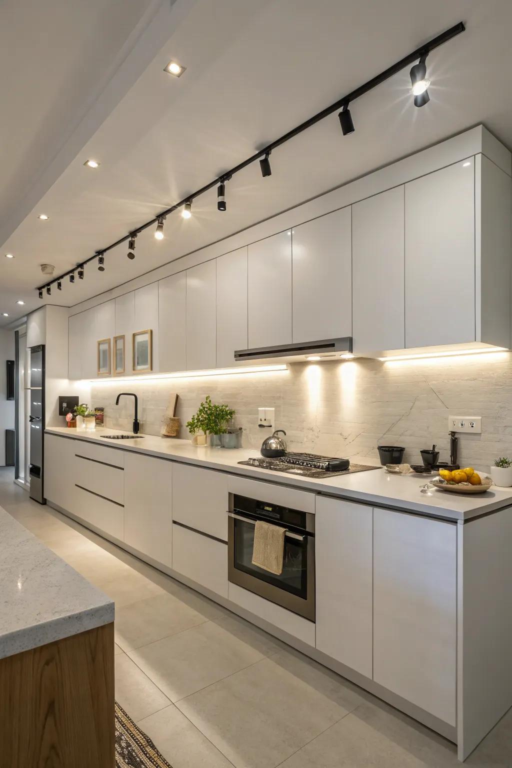 Sleek kitchen with surprising under-cabinet track lighting.