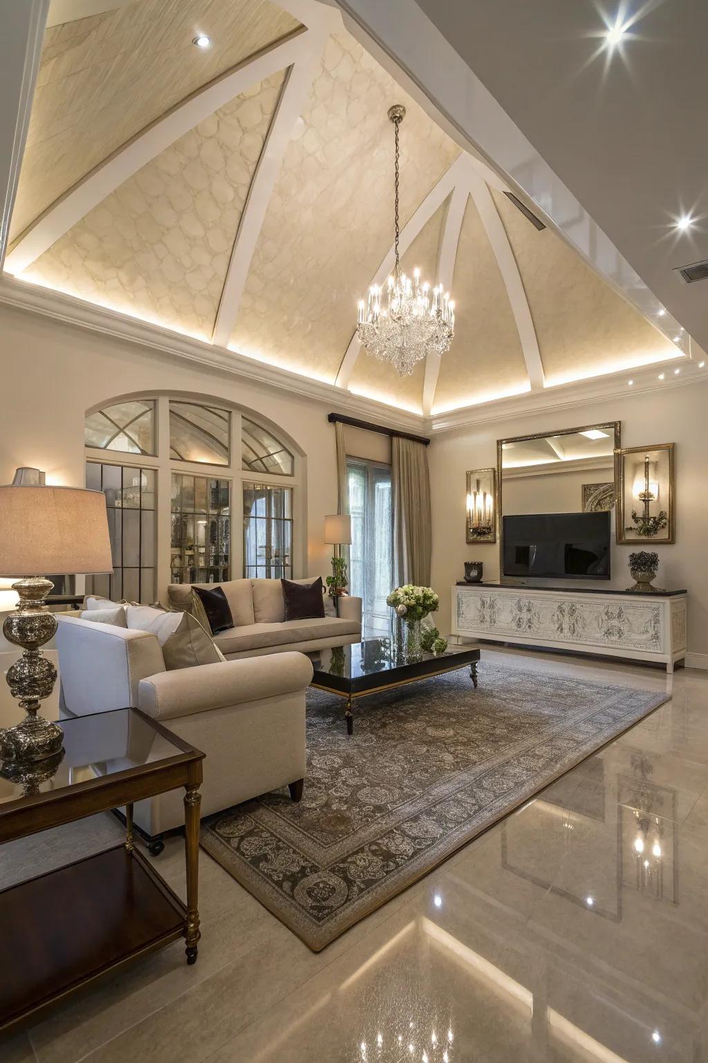 Light-reflecting surfaces brighten up and expand the space, adding glamour to this living room.