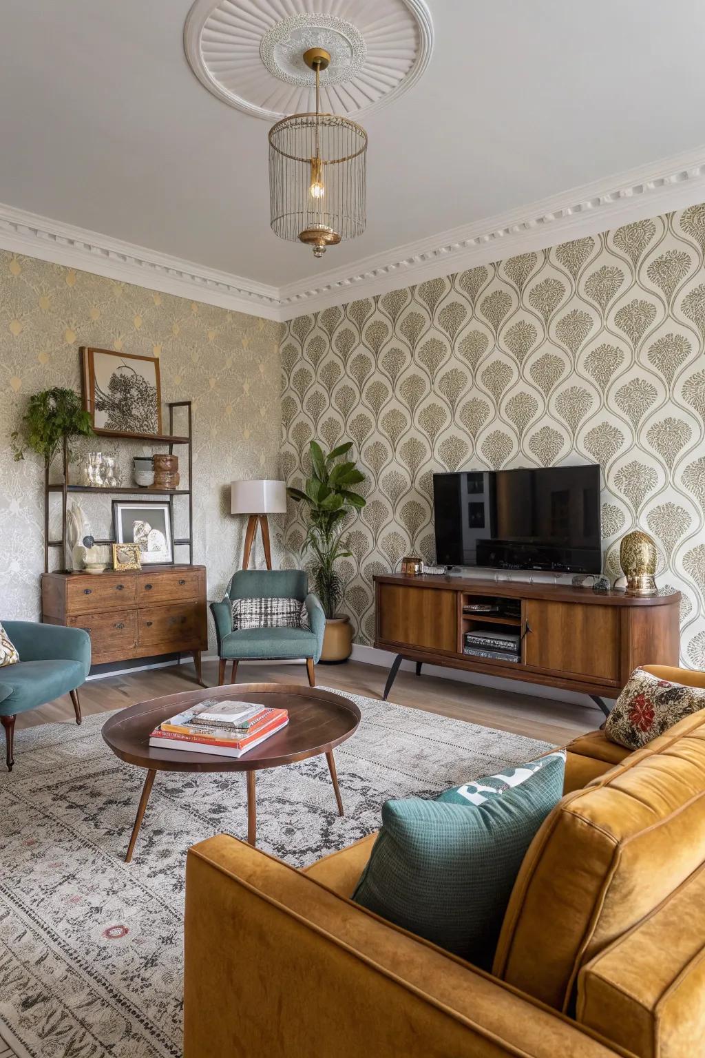 Vintage comeback wall covering brings nostalgic charm to a modern living room.