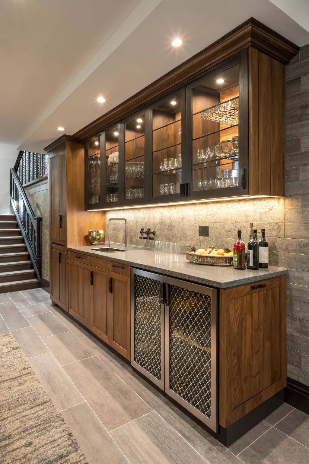 Blending materials appends texture and intrigue to your wet bar.