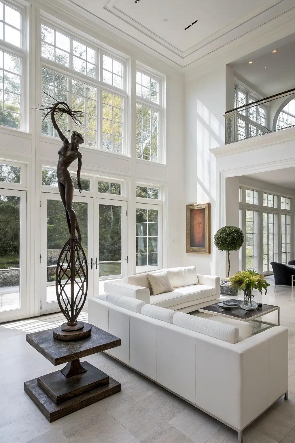 An artistic sculpture injects character into a modern white living space.