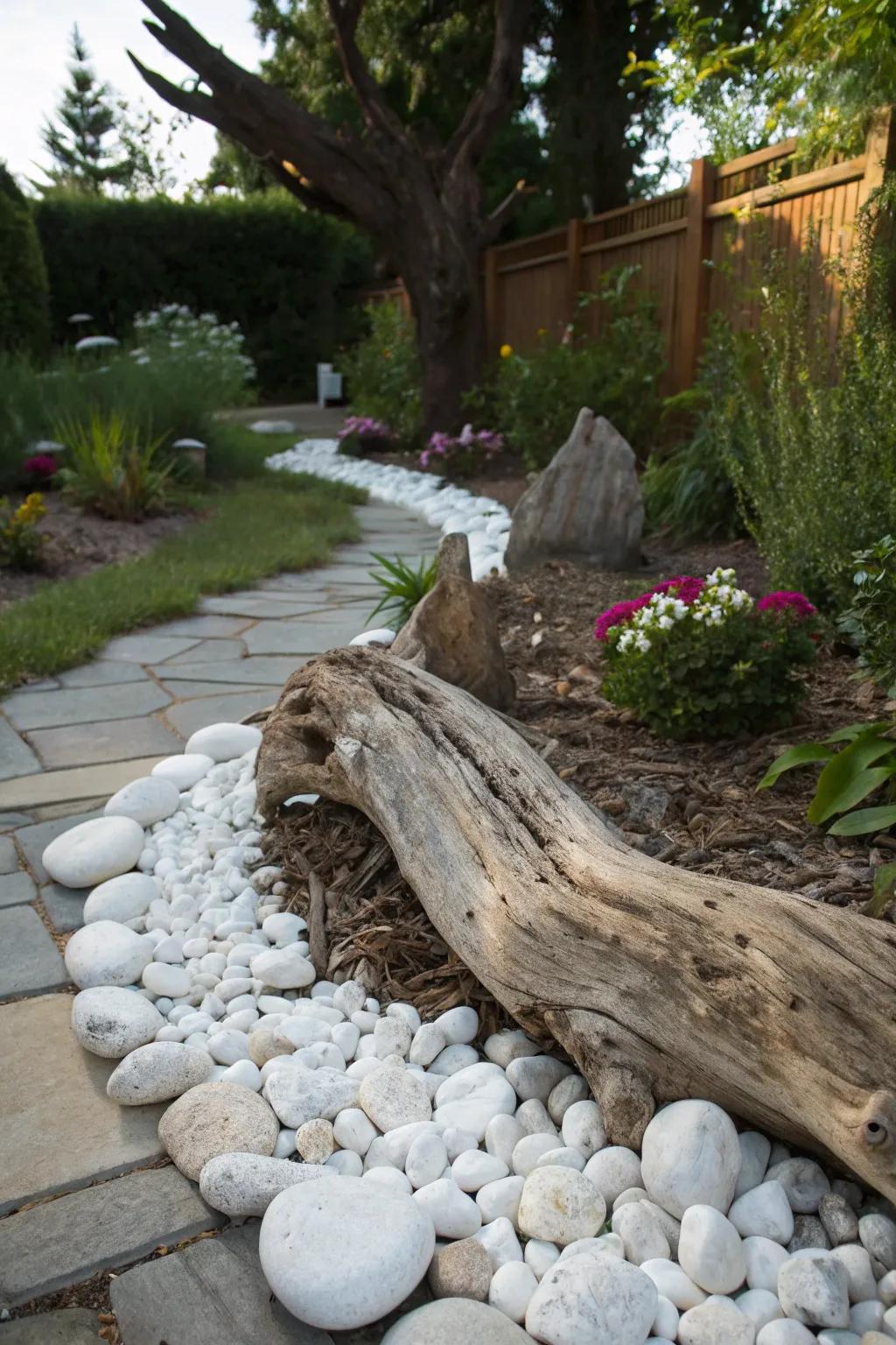 An elegant mix of found wood and white stones in a garden, evoking seaside charm.
