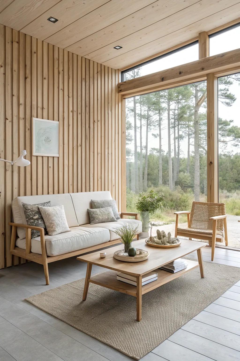 Capture the essence of Scandinavian simplicity with a light wood slat wall.