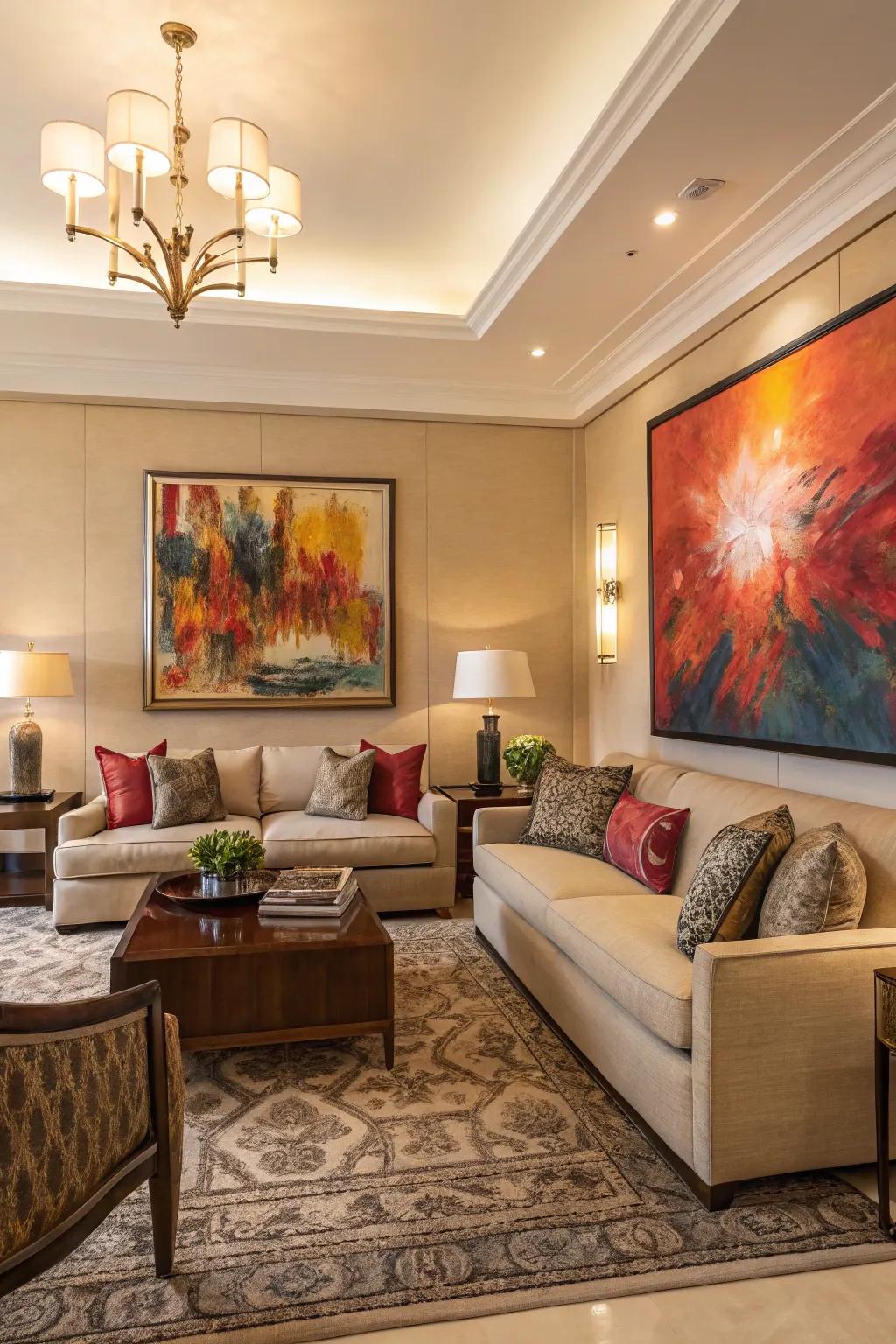 A bold artwork creating a centerpiece within a dimly lit living space.