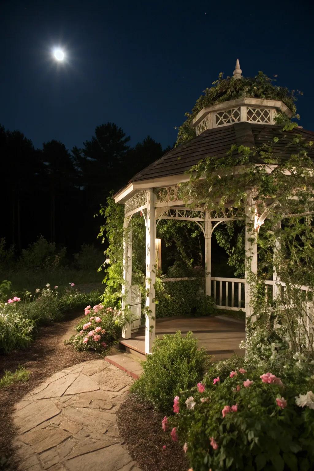 A summerhouse serves as an enchanting central point for social events.