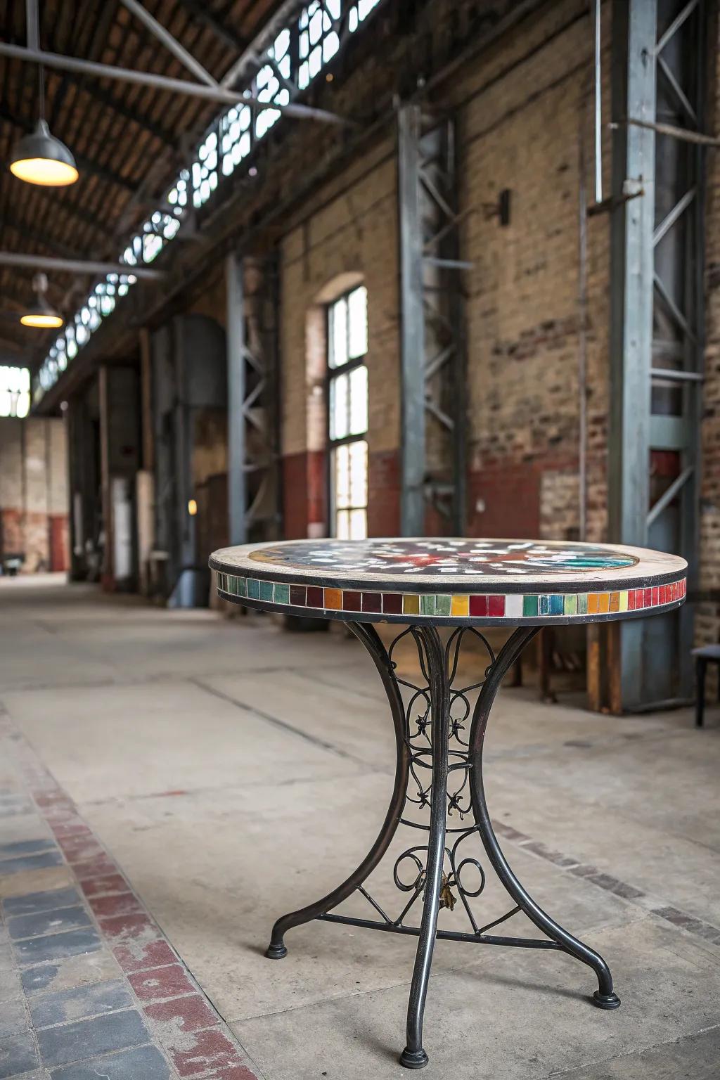 Industrial mosaics harmonize metalwork and tiles, exuding contemporary chic.