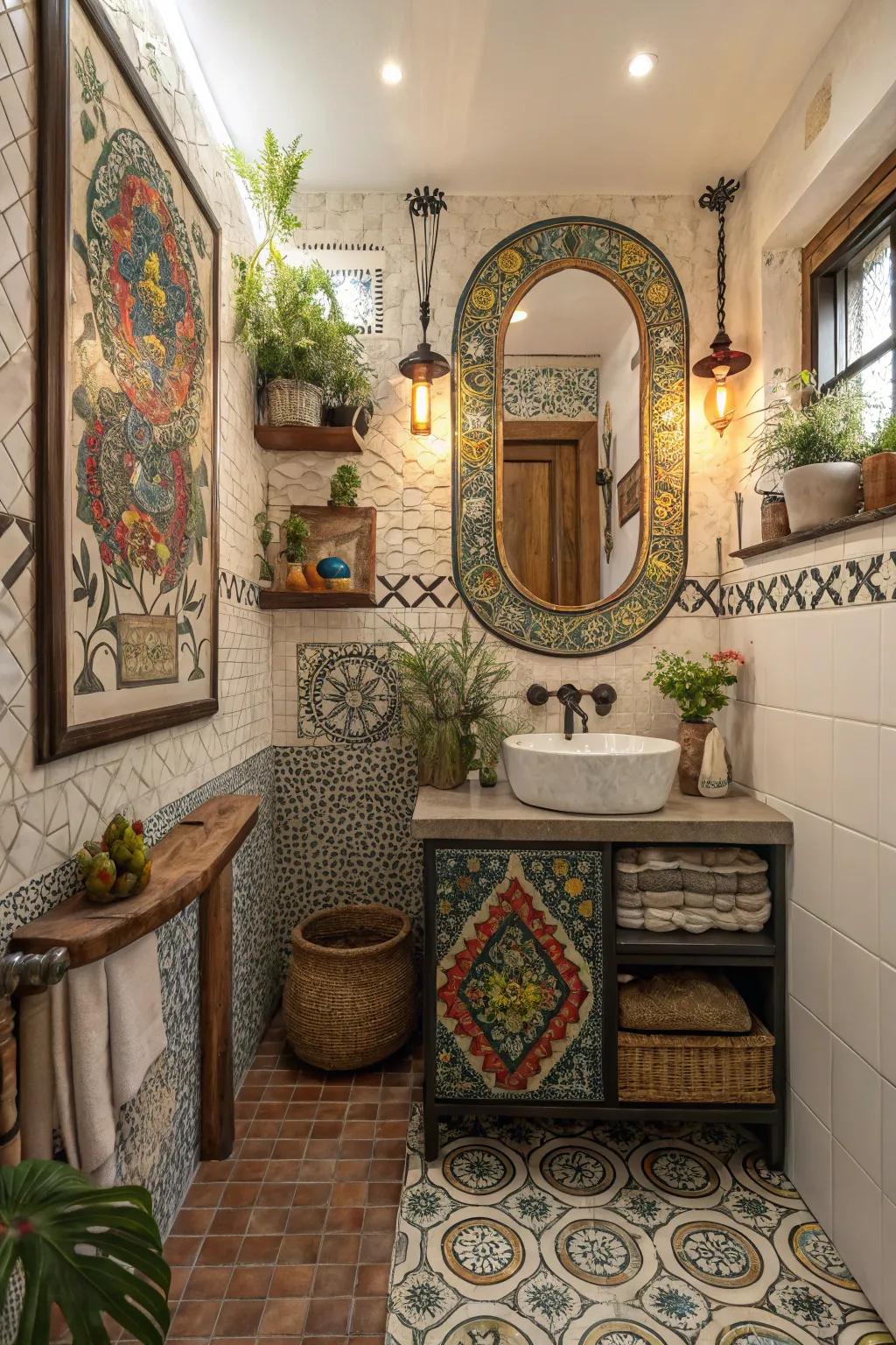 A bathroom displaying a unique personalized mosaic design.