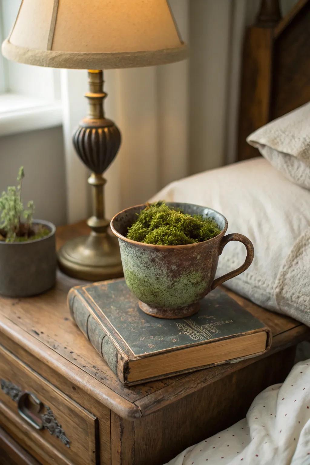 A vintage mug morphed into a quaint moss patch.