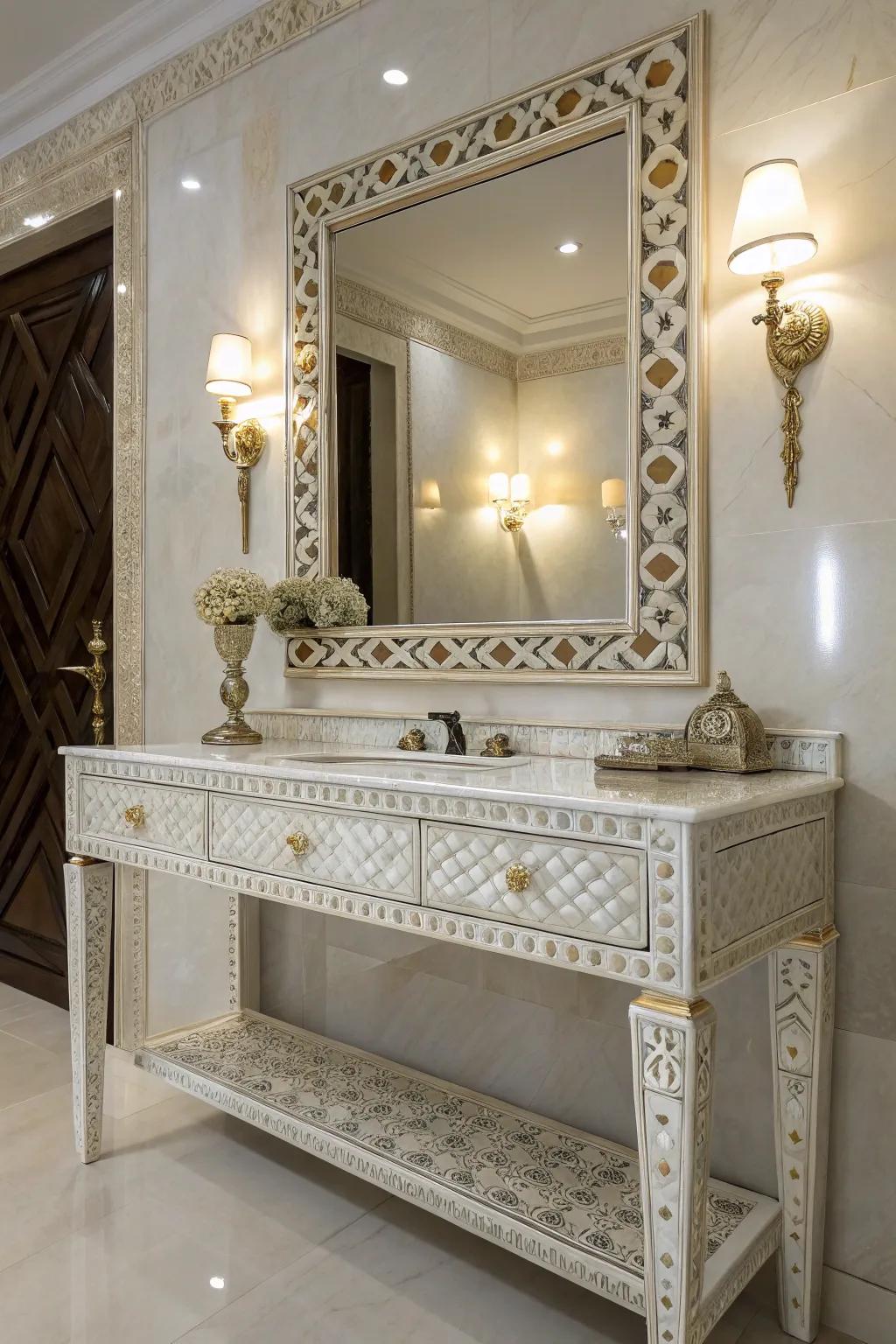 A nacre vanity table contributes an air of glamor and sophistication.