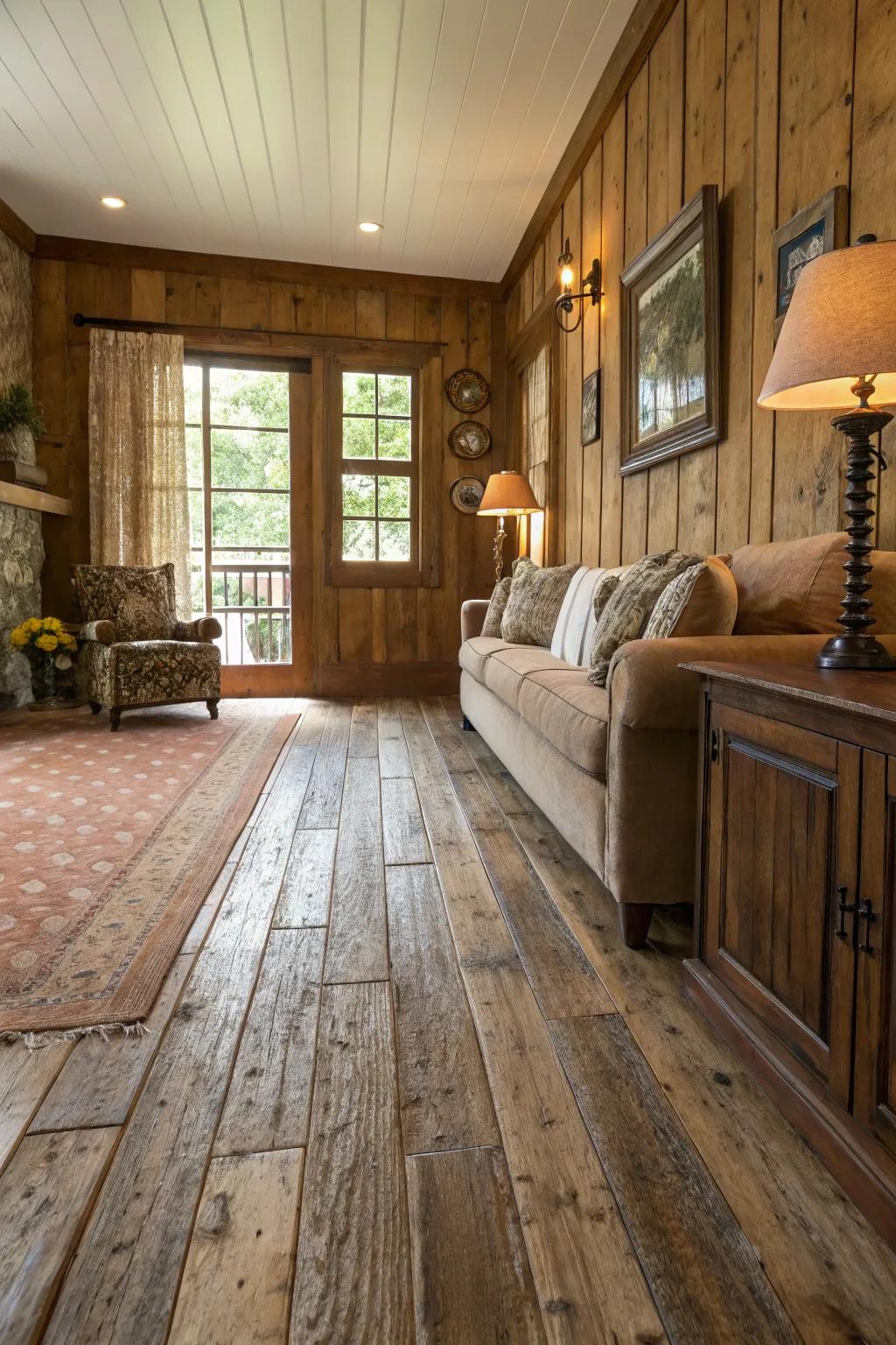 Distressed timber lends rustic appeal and distinctiveness.