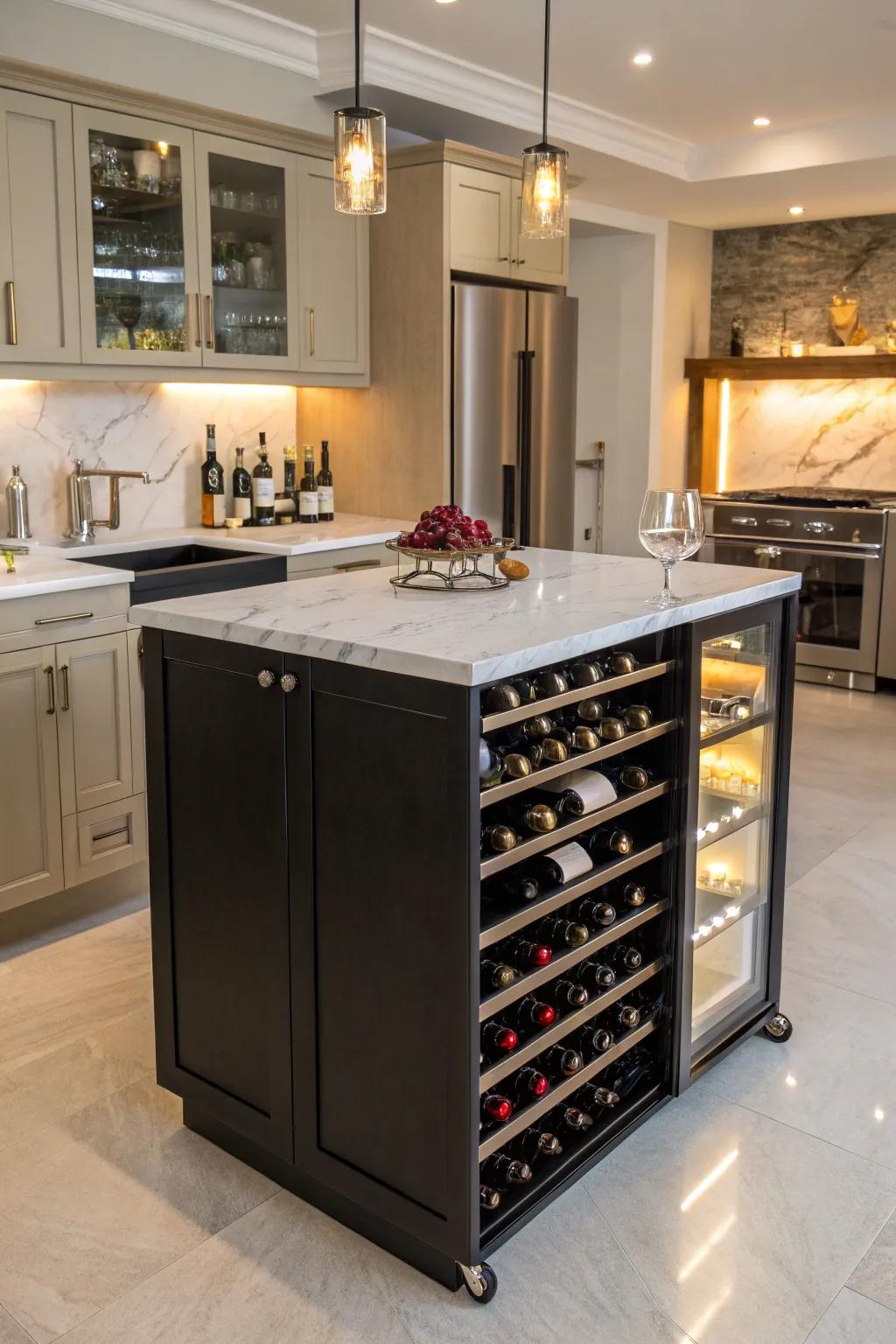 A kitchen island with an elegant wine rack