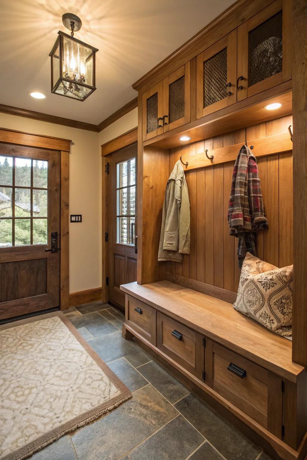 An inviting mudroom bench featuring warm illumination for amplified ambiance.