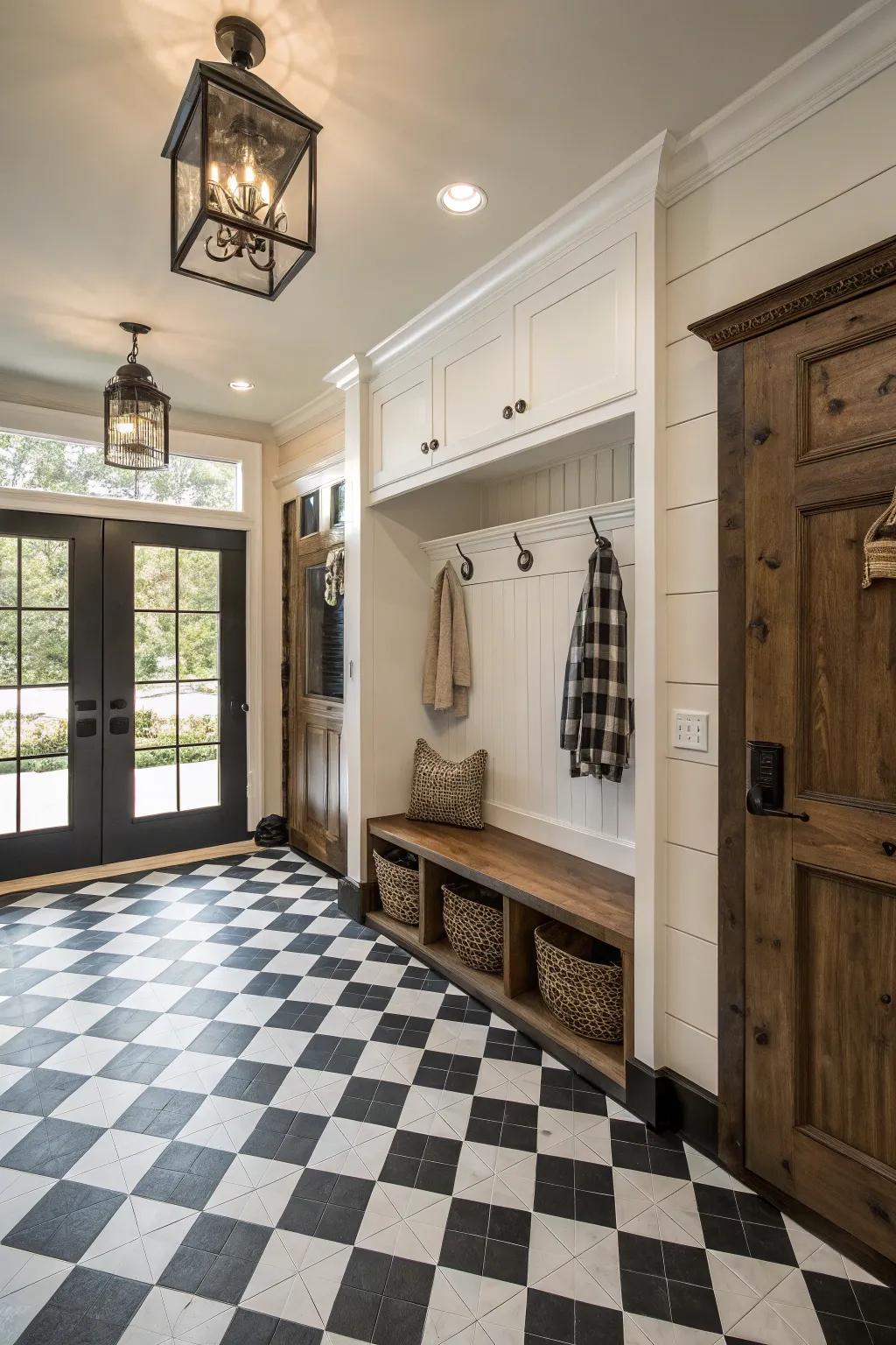 Board patterns bring a timeless, fun class to mudrooms.