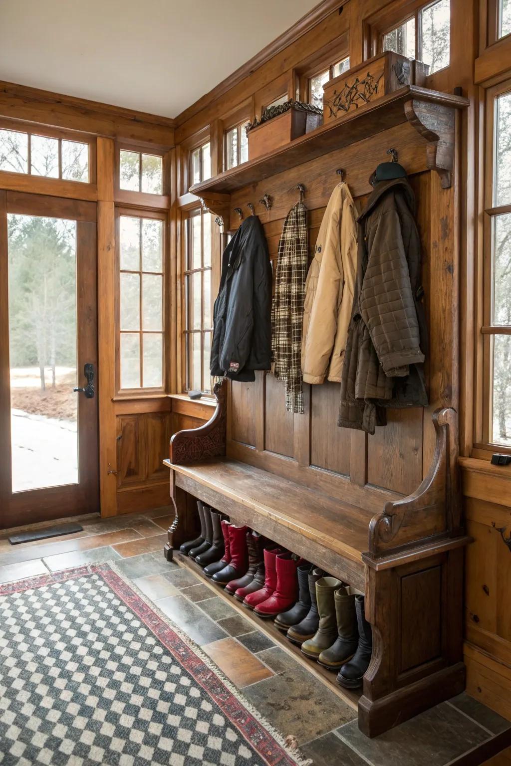 A mudroom showcasing a vintage seat as a focal point.