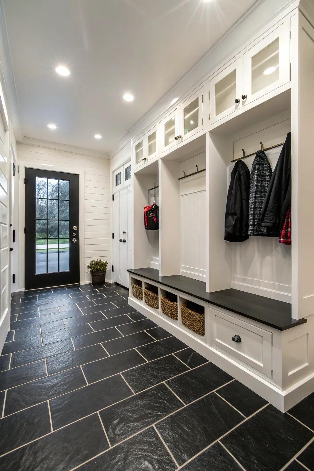 Bold ebony tiles make a dramatic statement.
