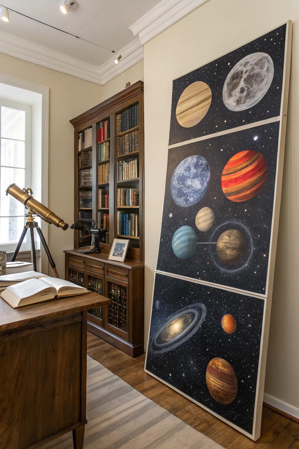 This star and planet theme is a source of wonder that spreads across the walls of this study.