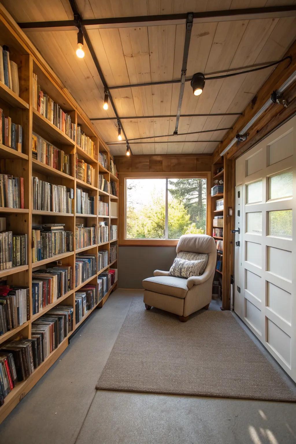 A quiet home library set up in a garage.