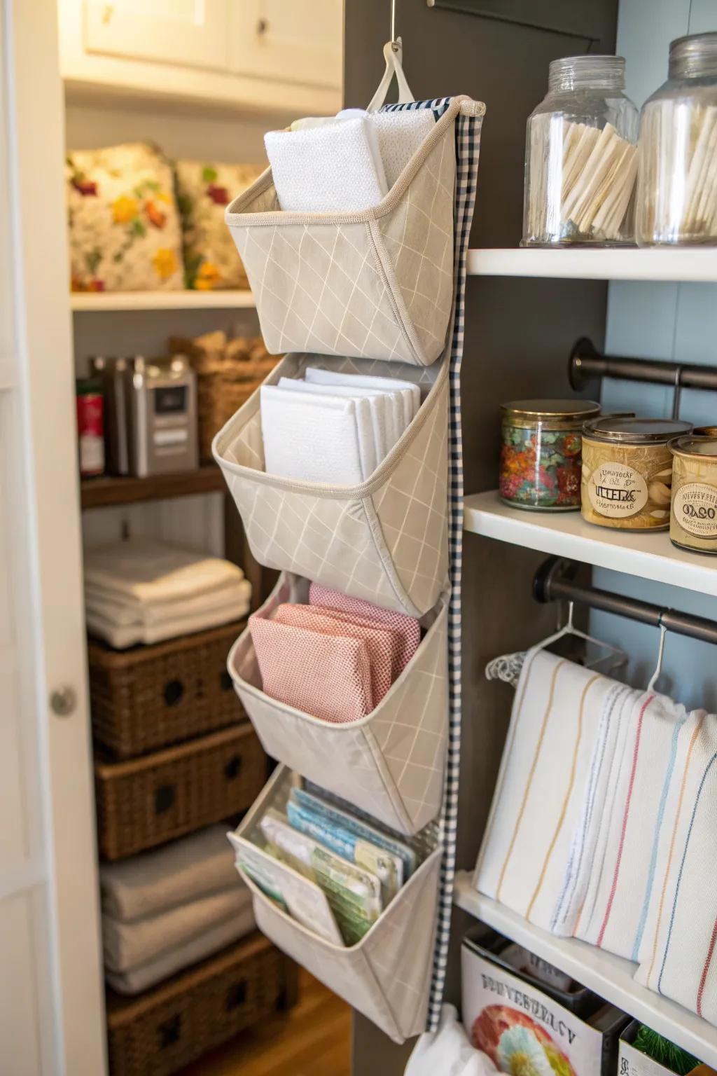 Hanging organizers make napkin storage practical and accessible.