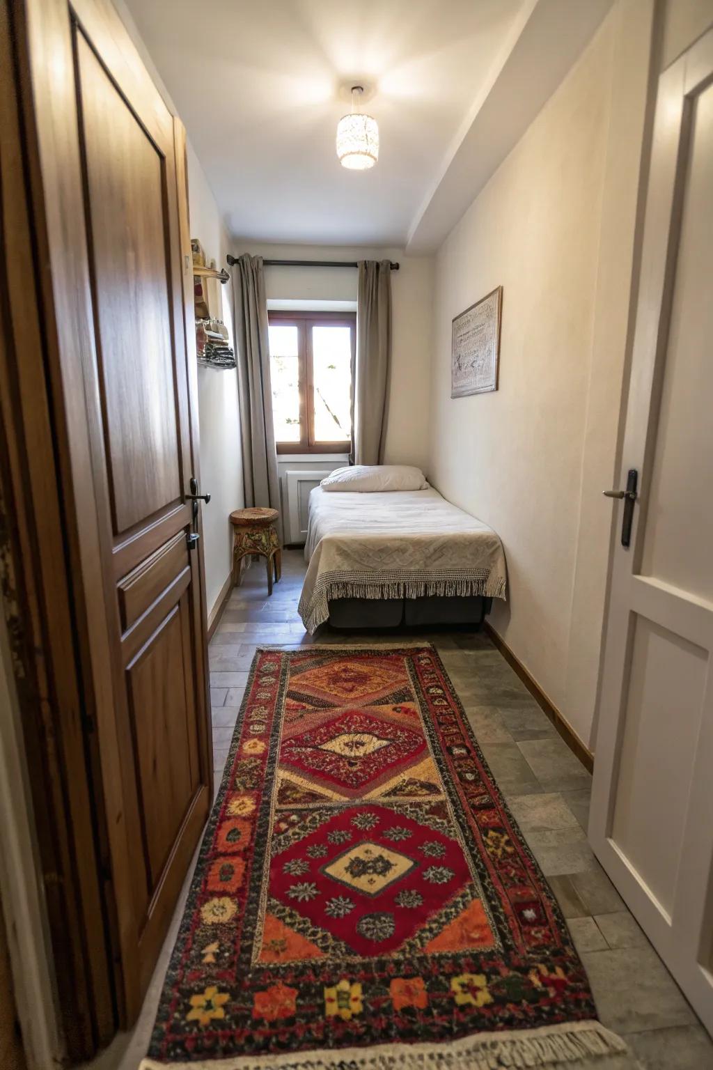 A striking rug anchors and infuses character into a slender bedroom.