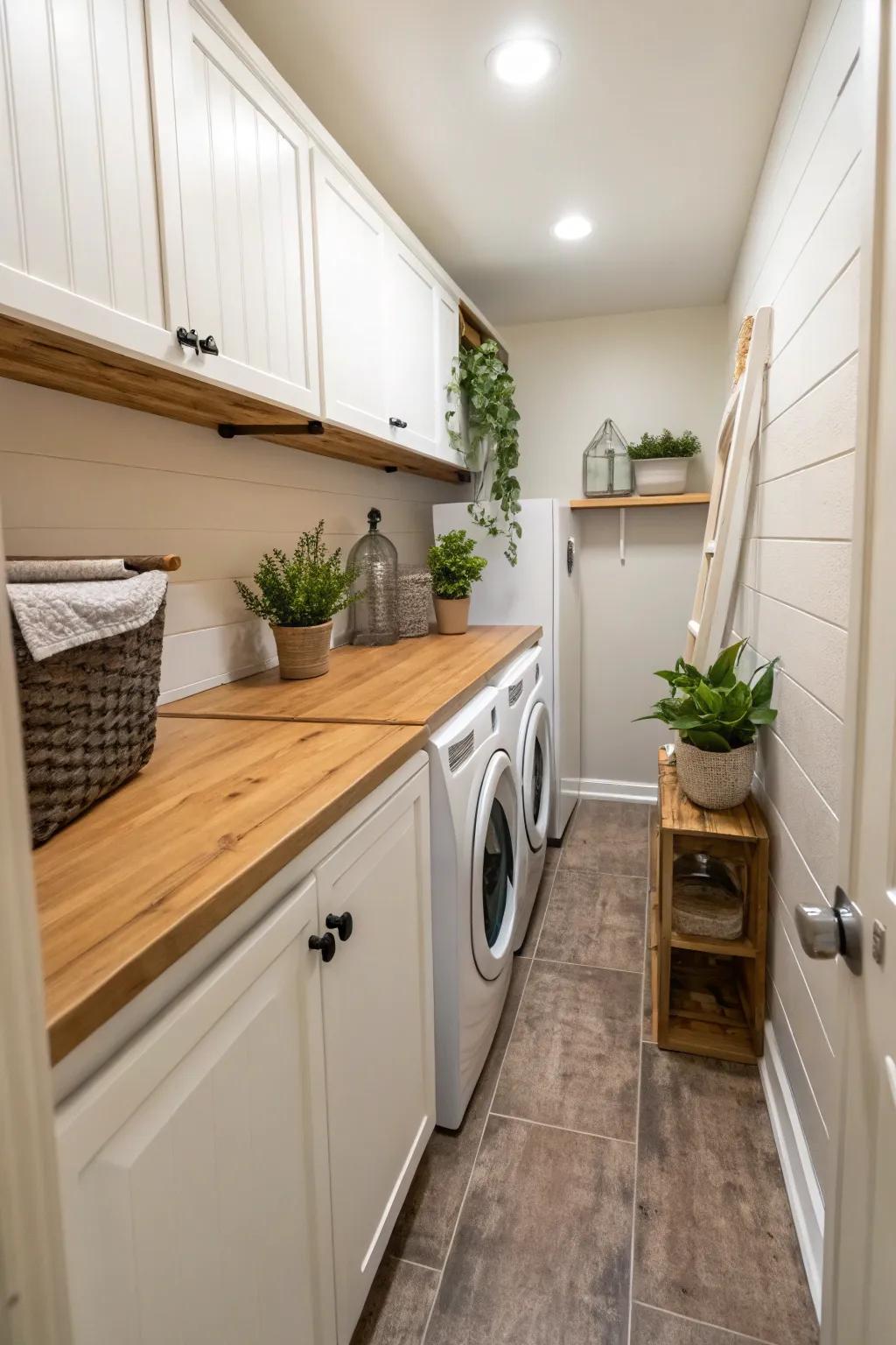 Natural elements enhance the space, adding warmth and tranquility to your laundry routine.