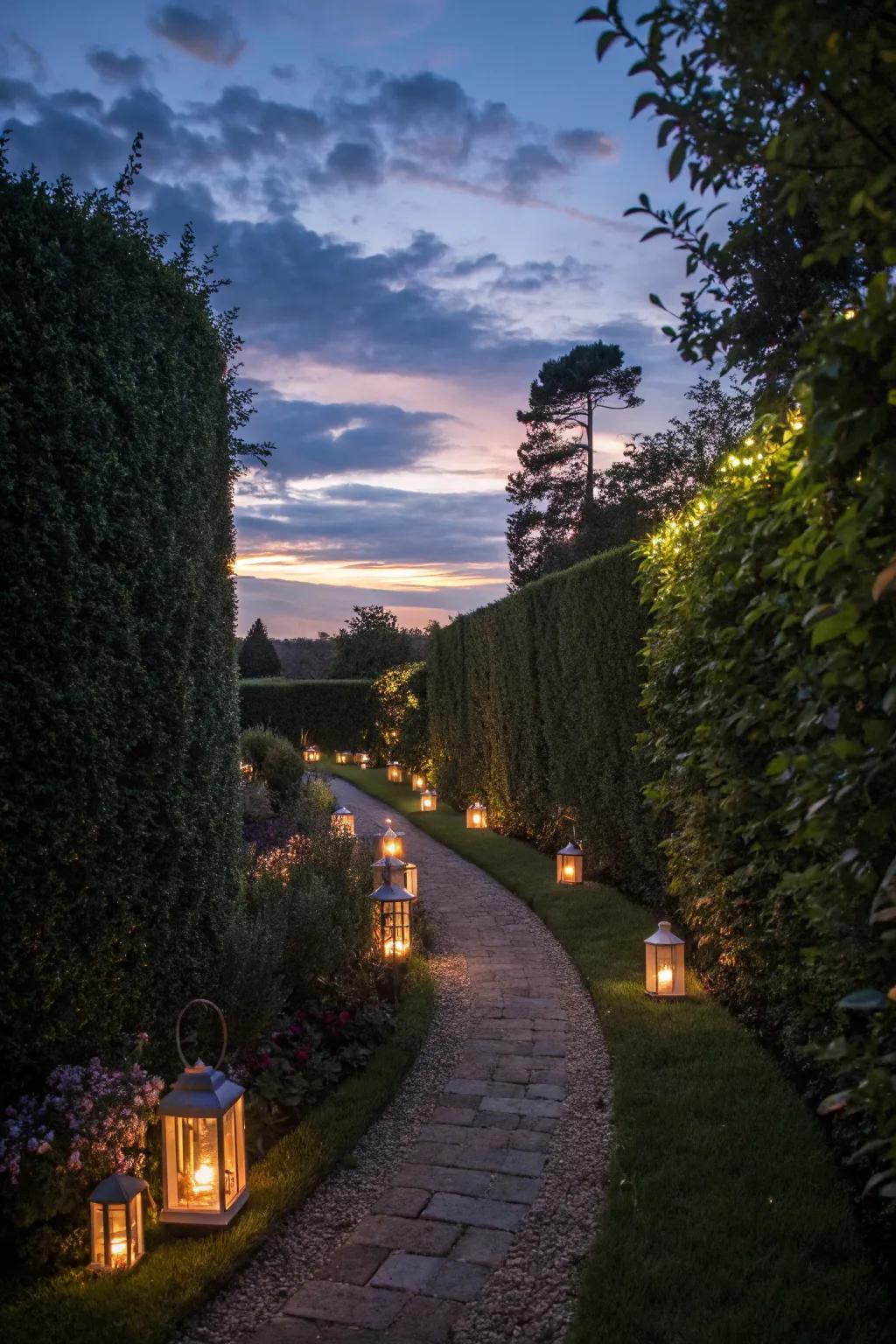 Outdoor illumination appends warmth and wonder to a narrow garden during nighttime.