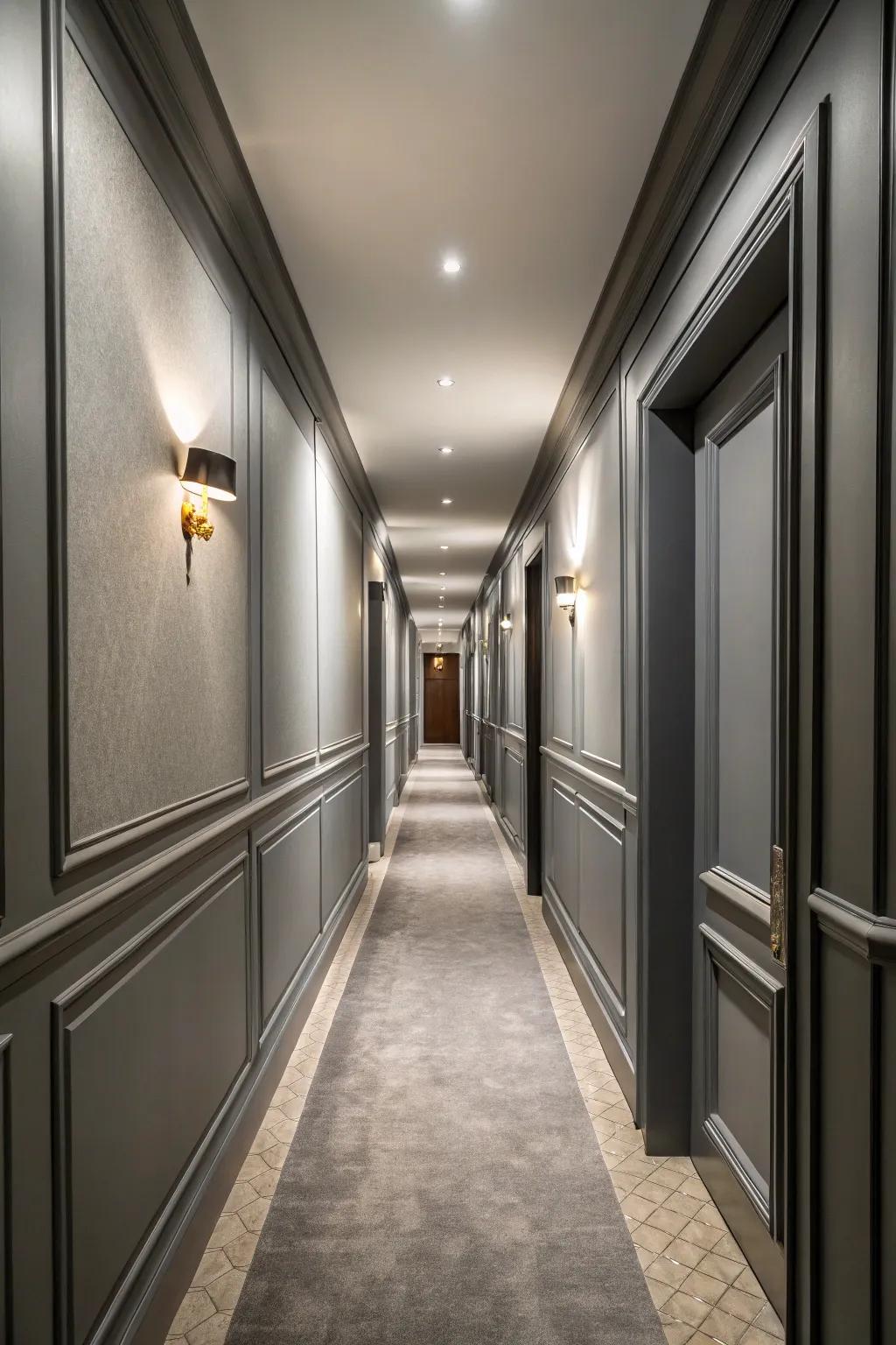 Monochromatic plans join and orchestrate a restricted hallway.