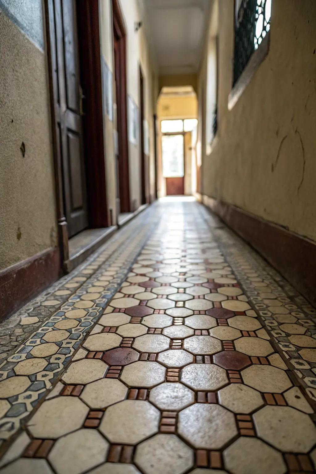 Hexagonal pieces add a distinct geometric touch to hallways.