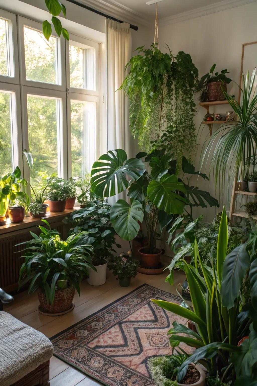 An indoor plant oasis brings vibrant greenery indoors.