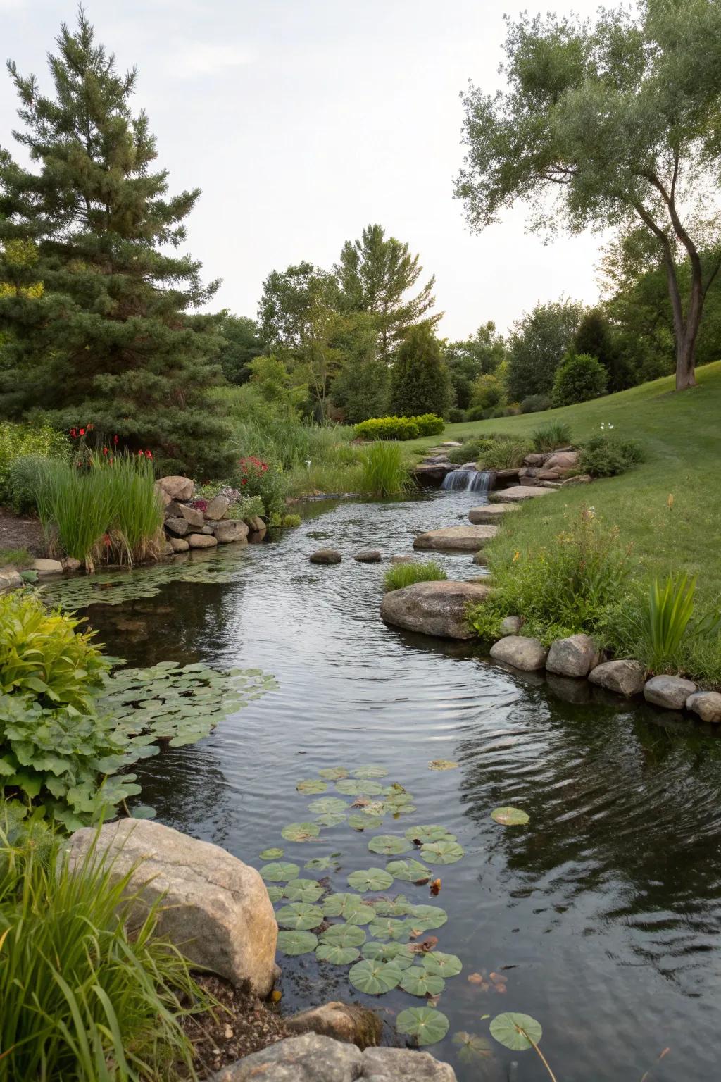 A peaceful pond integrated with a backyard stream.