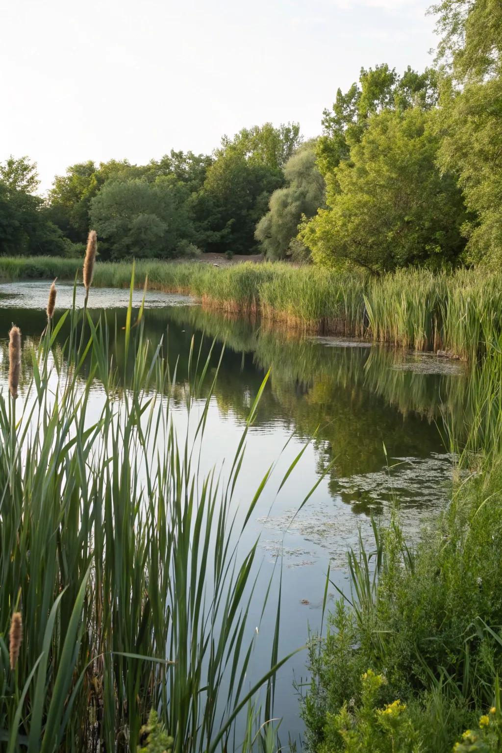 Sky-scraping flora furnishing vertical intrigue and an organic backdrop for a pond.
