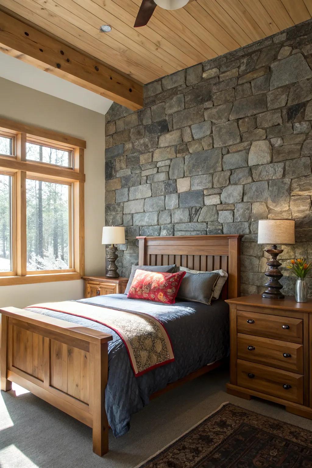 Stone features introduce texture and a natural aesthetic to the bedroom.
