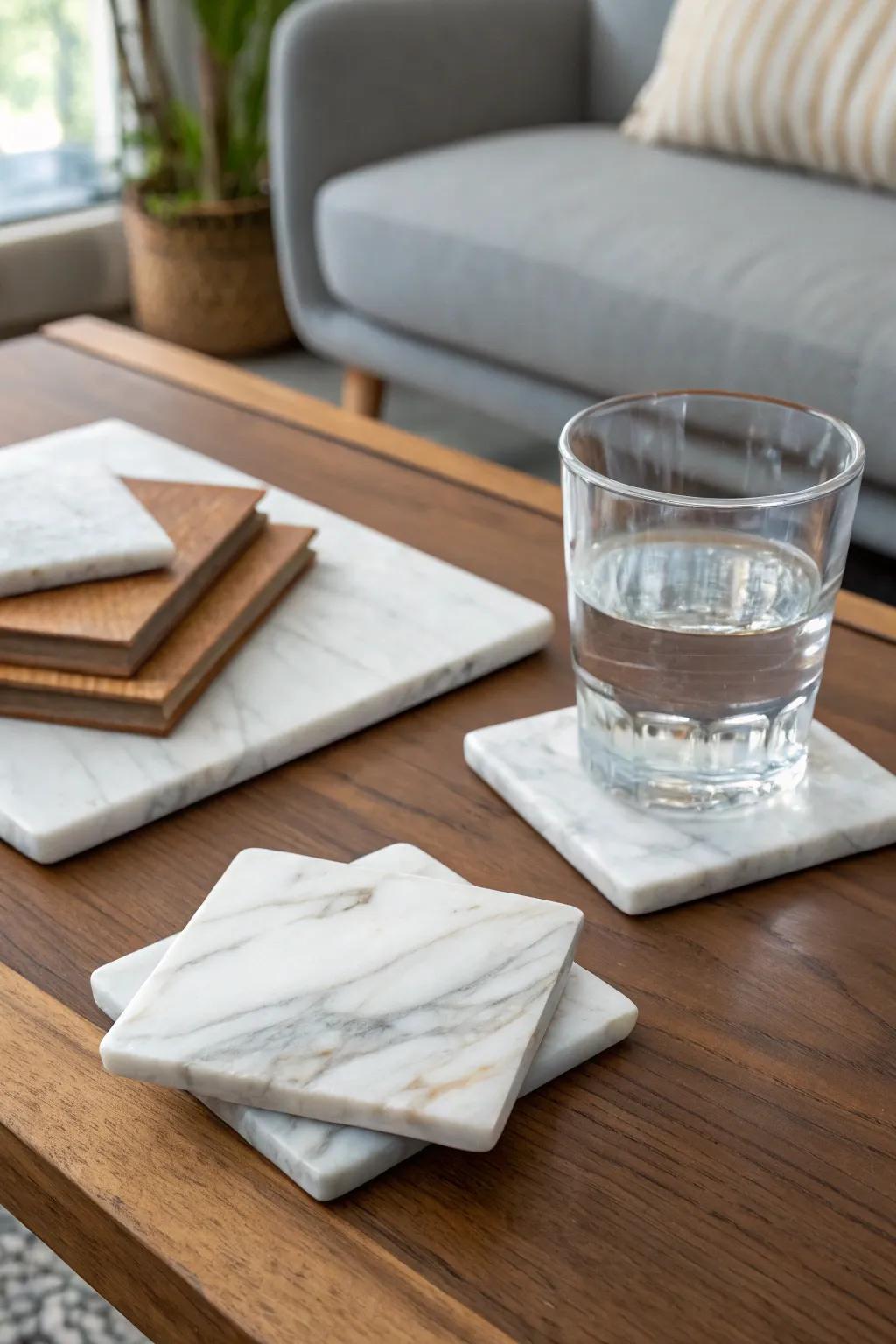 Fashionable defense for tables with sleek stone coasters.